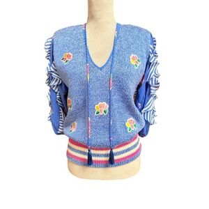 Vintage 1980s Diane Fres Marisa Christina Embroidered Sweater Womens Blue Ruffle